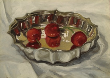Three Cherries in a Silver Bowl on White
oil on panel
5” x 7”